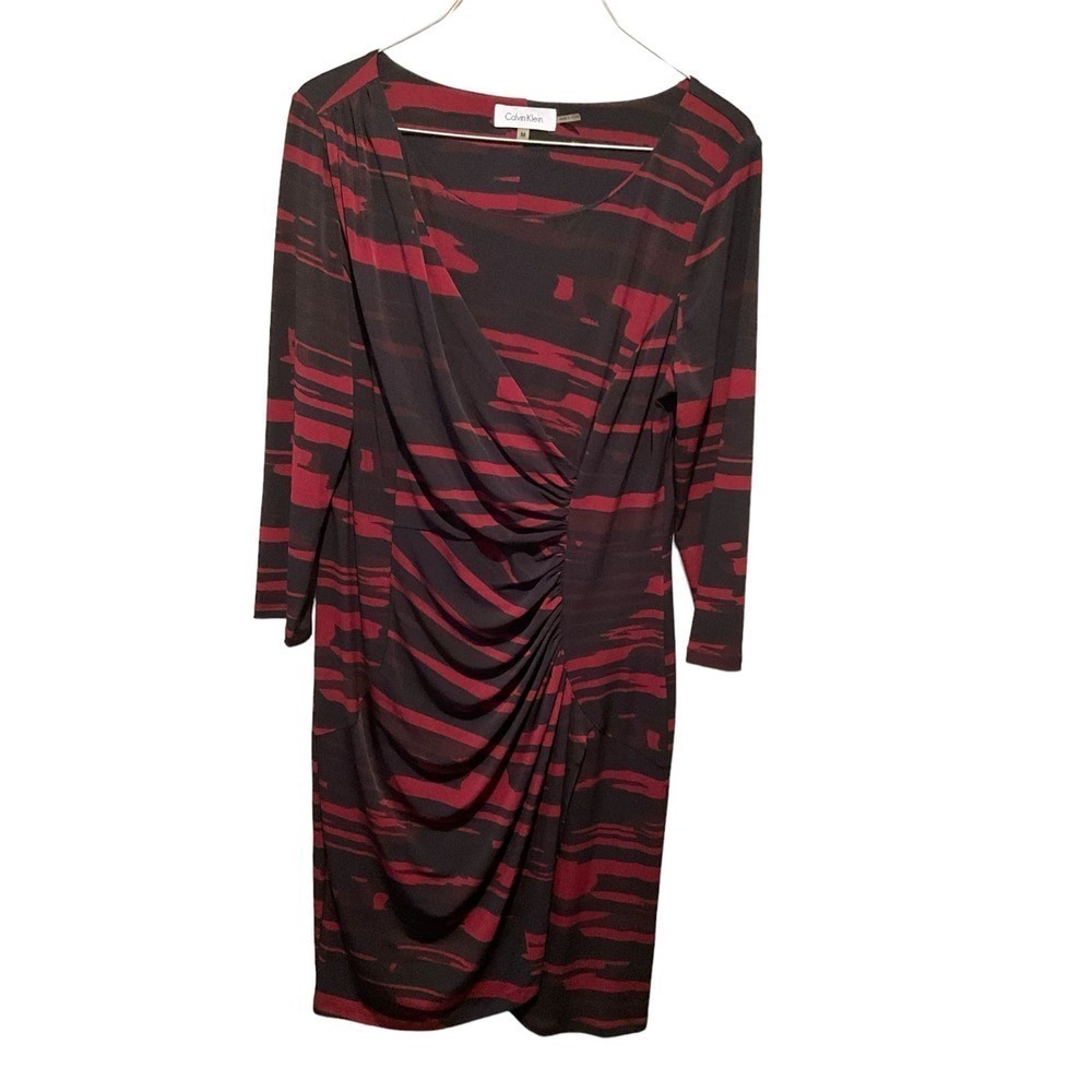 Calvin Klein Wrap Knee‎ Length Dress Women's M Red/Black Long Sleeve Round Neck